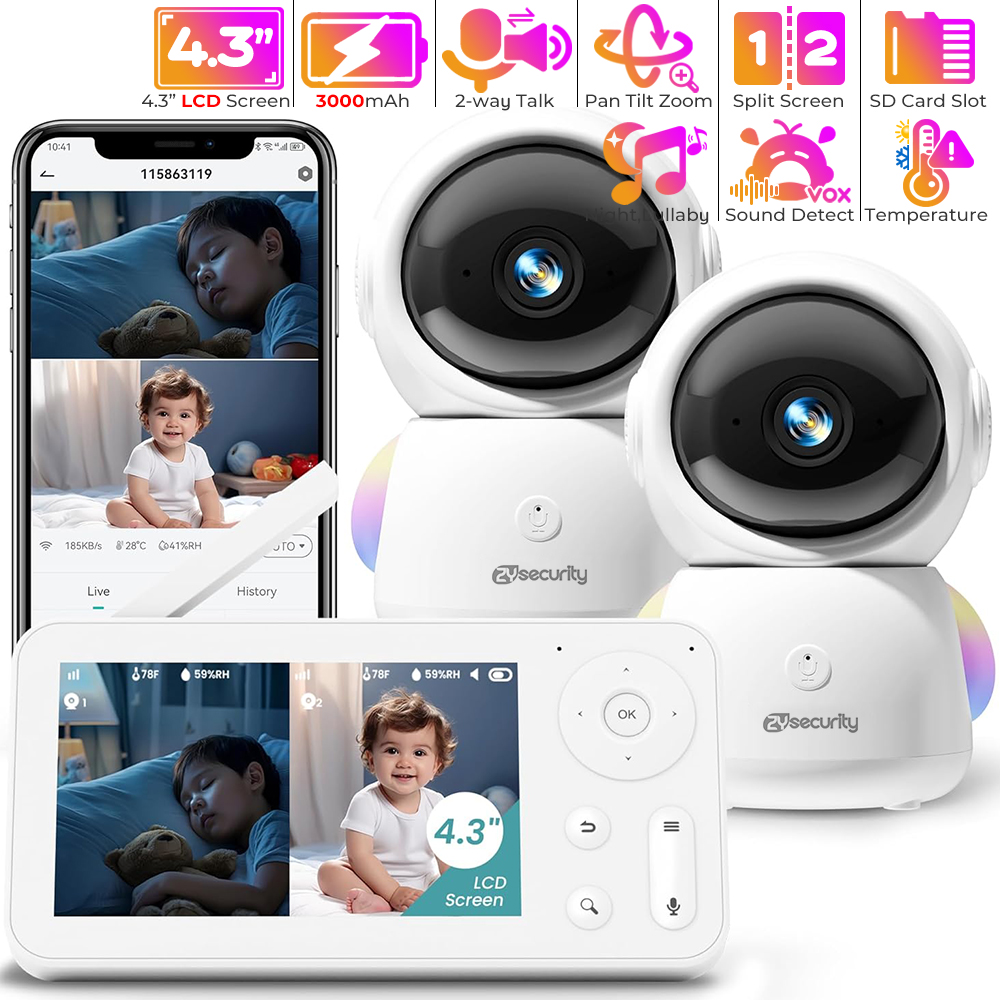 Audio Music Light - Monitor bayi 2K, dengan 2 kamera